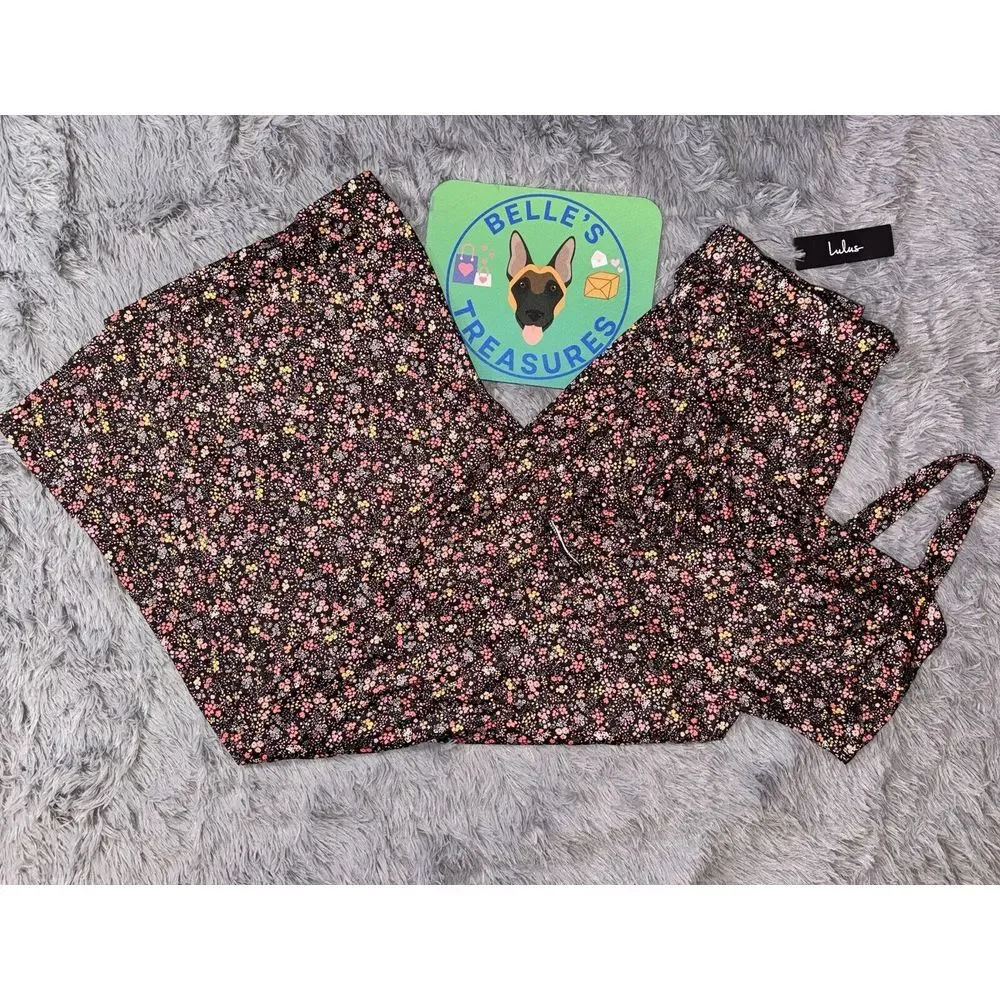 Lulu's XL Bloom In Black Wide Leg Trouser And Bustier Crop Black Floral‎ NWT